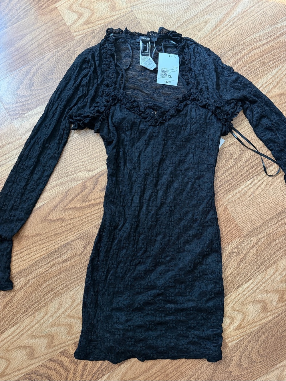 Forever 21 Black Lace Ruffle-Trim Long Sleeve Mini Dress with Tie Detail